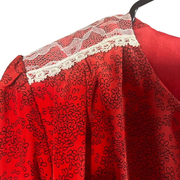 1980’s Vintage Dave & Johnny Red Peplum Midi Dress Red Floral Print with Lace​ - Picture 7 of 13